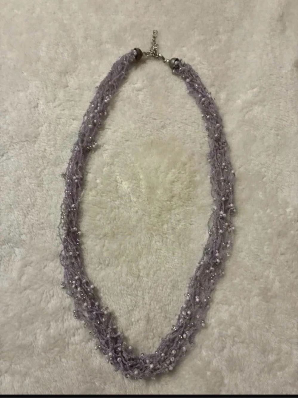 Vintage Boho Crocheted Multi Strand Lavender Seed Bead Scarf Waterfall Necklace